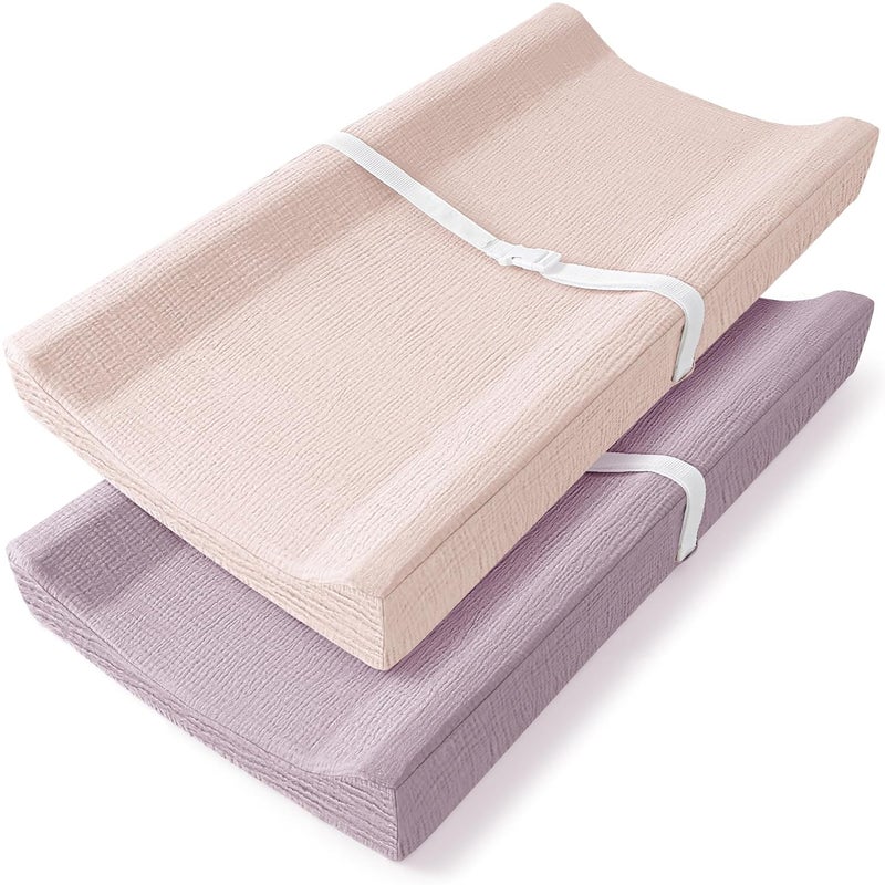 Bearmoss Changing Pad Cover, 2 Pack Muslin [100% Cotton] Diaper Changing Table Covers, 32'' x 16'' Soft Breathable Changing Pad Sheets for Unisex Baby Girls and Boys with Strap Holes (Candy Floss) - Image 1